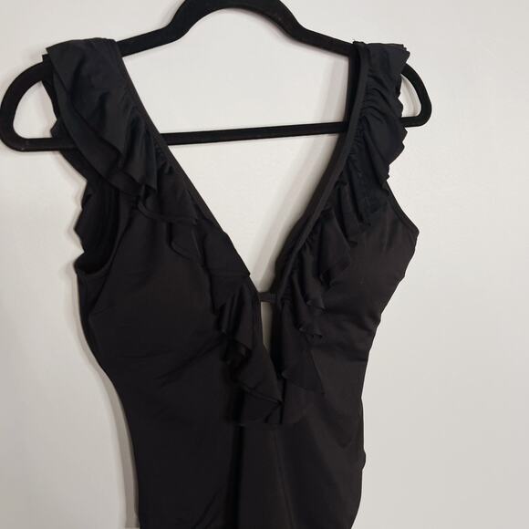 Michael Kors Womens 10 Black Ruffle Deep V Neck One Piece Swim Suit Tie Back - Picture 3 of 10